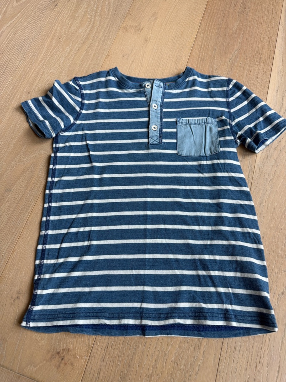 Mini Boden Navy & White Striped Henley Tee with Pocket, Size 9-10